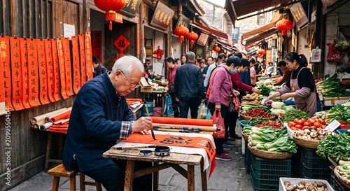 Elder calligrapher writing Chinese characters on red paper scroll at market. Traditional artist creating festive calligraphy for New Year celebration. Asian culture and local craft concept.