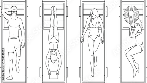 Tableau sur toile Top view minimalist line art vector of people relaxing on beach lounge chairs su