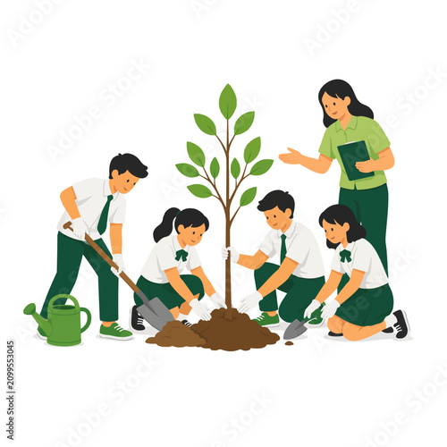 Students Planting Tree with Teacher