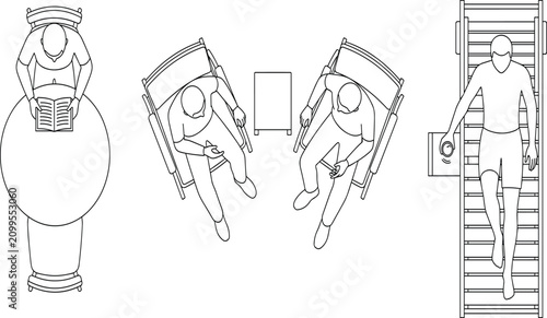 Obraz na płótnie Top view relaxation vector set featuring man reading at table people talking in
