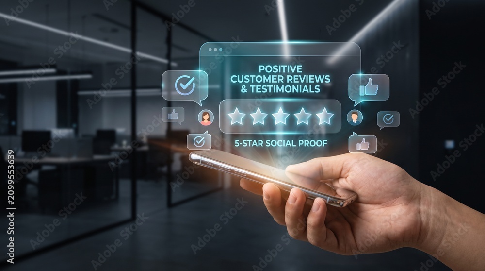 Fototapeta premium Hand holding smartphone displaying virtual five star positive customer review and testimonial feedback rating.