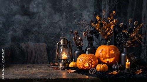 Spooky Helloween flat lay with carved pumpkins lantern and leaves