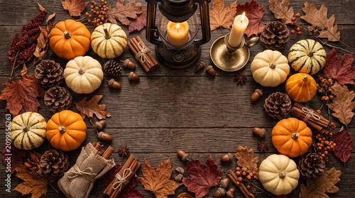 Cozy Helloween Flat Lay with Festive Pumpkins and Warm Fall Foliage