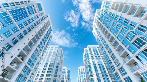 High-rise buildings in city center viewed from low angle against bright sky with modern living concept Generative AI