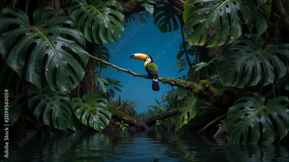 Obraz premium Toucan perches on branch framed by lush green leaves above calm water.