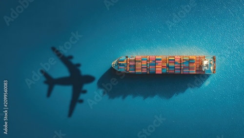 Aerial view of a cargo ship and an airplane's shadow on a blue sea. Both are symbolic of global commerce and transport