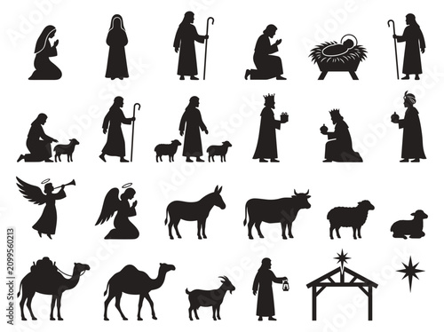 Cuadro en lienzo Nativity Scene Silhouettes: Christmas Story Elements Collection