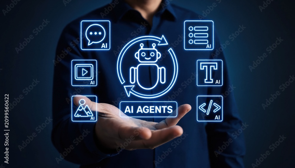 Fototapeta premium Multi AI agents concept with virtual chatbot icons and automation workflow, representing intelligent systems collaboration, generative artificial intelligence and digital business transformation.