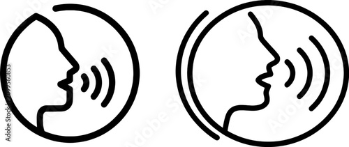 Two black line art icons of human faces in profile with sound waves