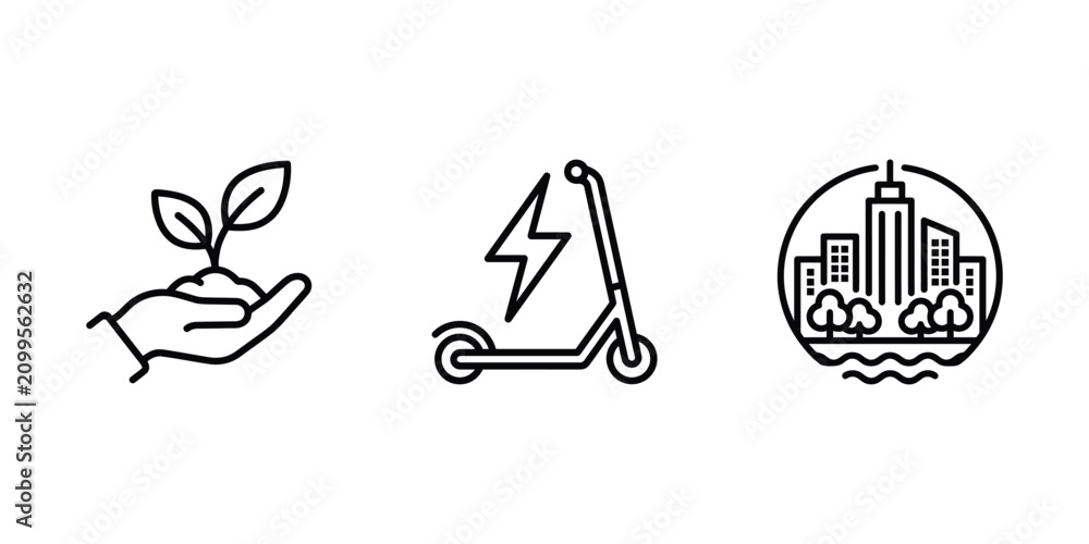 Fototapeta premium Eco friendly transportation and urban living line icons set featuring nature and technology