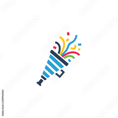 Photos Celebration horn icon with colorful confetti and streamers, party popper for fes