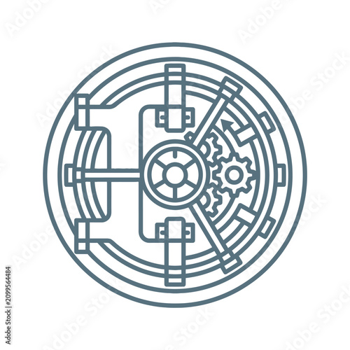 Circular vault door outline, complex mechanism with gears and locking bolts, secure banking symbol