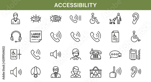 Collection of accessibility icons and symbols for inclusive design and navigation aids.