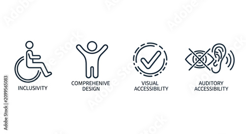 Icons showing inclusivity and universal design for visual and auditory accessibility in everyday environments.