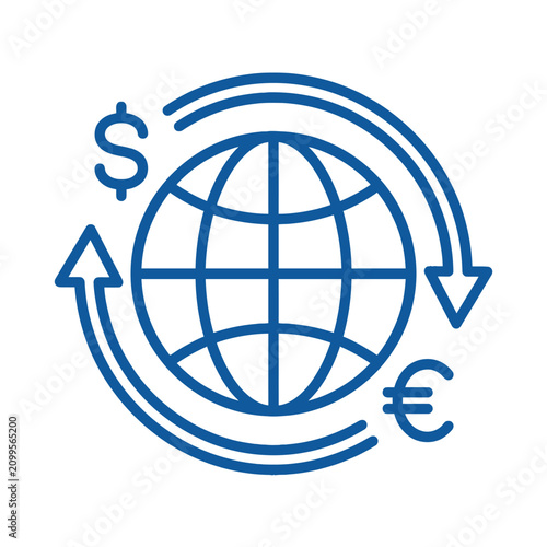 Global currency exchange icon with arrows circling a stylized earth, representing international finance and trade