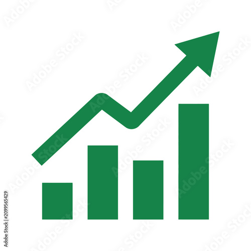Green bar chart with upward trending arrow indicating growth and positive progress, business analytics icon