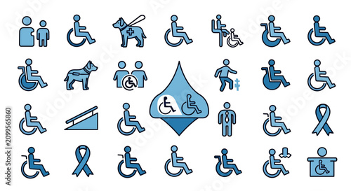 Collection of blue accessibility and disability awareness icons in vector style.