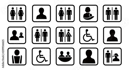 Collection of restroom and accessibility signs with gender and wheelchair icons.