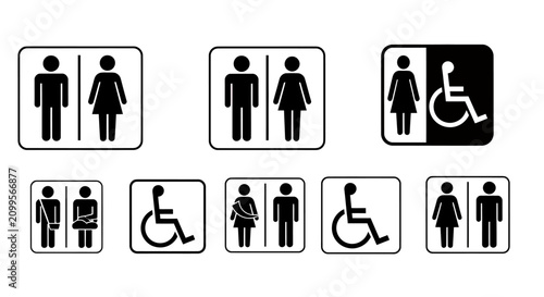 Collection of diverse restroom icons and accessibility pictograms for public signage design and wayfinding.
