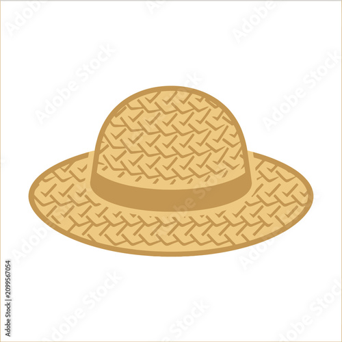 Isolated straw hat with woven texture and dark band, simple flat icon for summer and sun protection