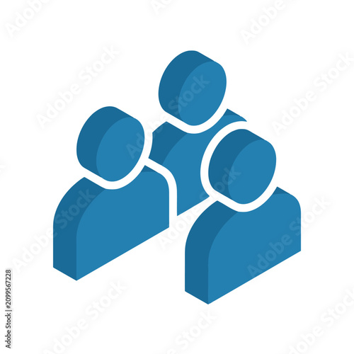 Isometric group of three blue people icons, representing teamwork and community on a white background