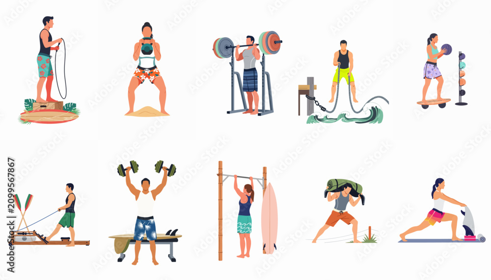 Fototapeta premium Set of flat illustrations featuring various people performing surf-inspired fitness exercises and strength training workouts in a tropical beach environment.
