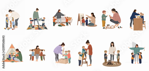 Flat illustration set of a mother and her young children in various daily domestic scenes such as playing, reading, and tidying up.