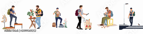Flat illustration set of modern fathers multitasking while carrying their babies in ergonomic baby carriers during various daily activities and outdoor adventures.