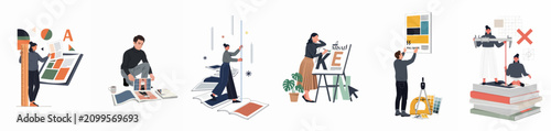 Fotografie Flat vector illustrations depicting professional graphic designers and editors working on magazine layouts, typography, and book publishing processes