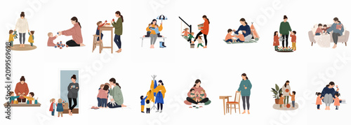 Fotografie Flat vector illustration set showing various daily life moments and bonding activities between a mother and her children in a minimalist style