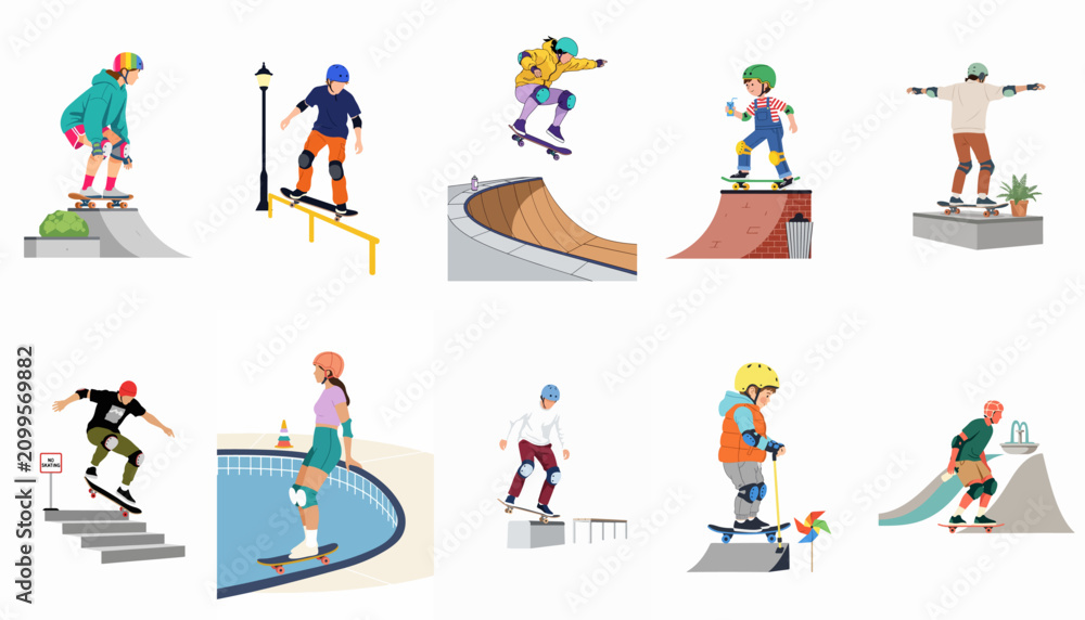 Fototapeta premium A diverse set of flat vector illustrations featuring people of various ages skateboarding and performing tricks in different urban and skatepark settings.