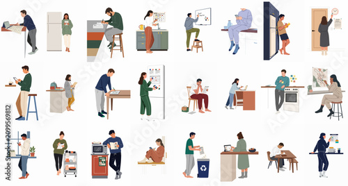 Set of People Organizing Daily Routines, Planning Schedules, Checking Calendars, and Managing Household Tasks in Flat Vector Style