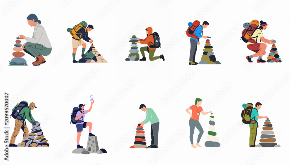 Fototapeta premium Set of diverse people and hikers stacking rocks to create stone cairns, isolated on a white background.