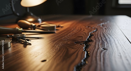 Wood table with resin crack and woodworking tools