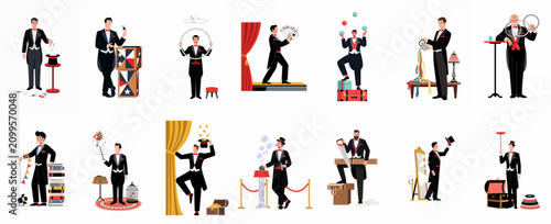 Cuadro en lienzo Collection of professional magicians performing various classic magic tricks, including card tricks, illusions, and animal acts, set against a white background