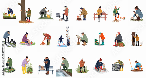 Canvastavla Set of flat vector illustrations depicting various people foraging, observing, and studying wild mushrooms in different outdoor nature settings
