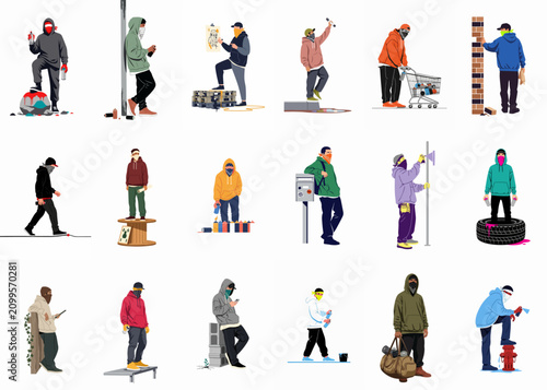 Large set of eighteen diverse graffiti artists in urban streetwear, wearing masks and holding spray cans, isolated on a white background.