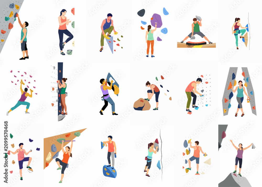 Fototapeta premium Flat vector illustrations of diverse people rock climbing and bouldering on artificial walls in an indoor gym environment.