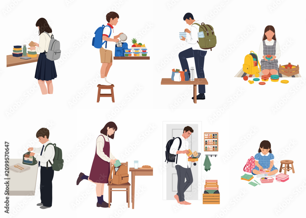 Fototapeta premium Flat illustration set showing students and workers preparing and packing lunch boxes into backpacks for their daily routines at school and office.