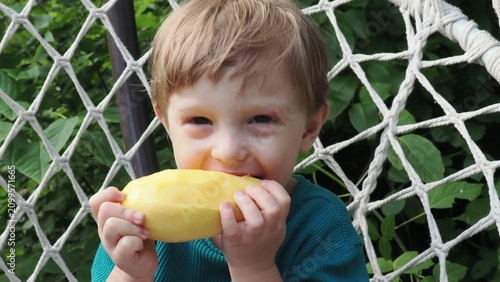 A toddler eats a slice of mango on a swing against the backdrop of foliage on sunny grass in a park; a smiling child enjoys the fresh fruit with his hands dirty during a picnic. Happy childhood.