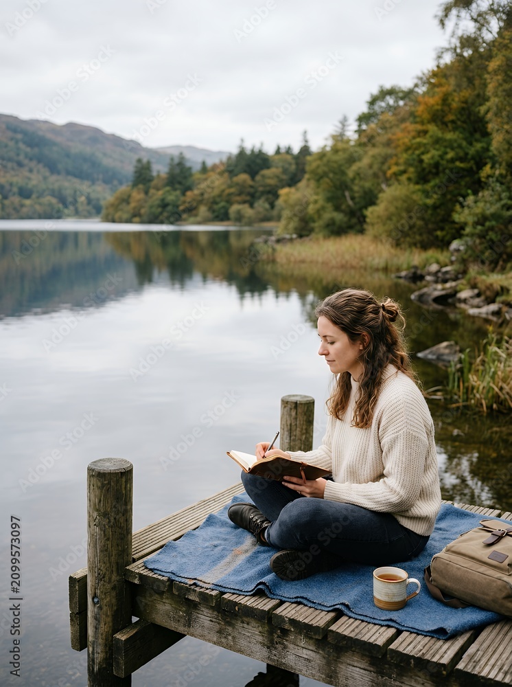Fototapeta premium Young woman writing in a journal on a wooden pier by a tranquil lake surrounded by autumn trees.