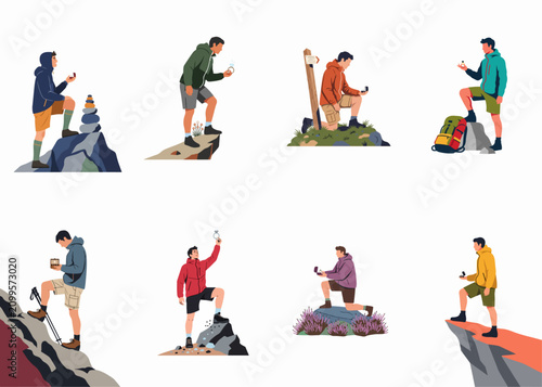 Photos Set of vector illustrations showing men proposing with an engagement ring during outdoor hiking adventures on mountain peaks and nature trails