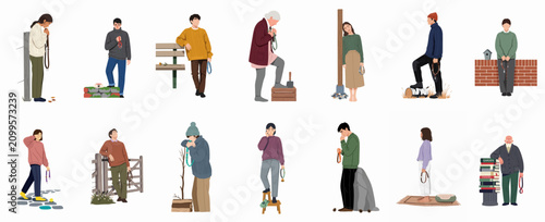 Foto Set of diverse people grieving and mourning the loss of their pets, holding coll