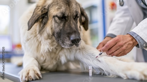 Veterinarian drawing blood from a dog's foreleg into a collection tube. Concept of canine blood analysis.
