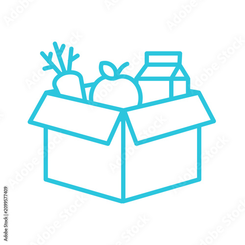 Grocery food cardboard box. Isolated on white background. Blue icon.