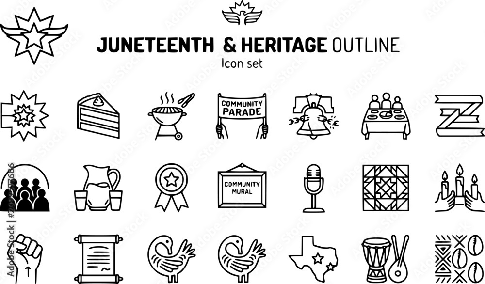 Fototapeta premium Juneteenth and Heritage Celebration Outline Icon Set with Freedom Bell, Cookout Grill, Gospel Choir and Community Parade Banner, 20 Icons Editable Strokes