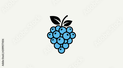 Принти на полотні Grape cluster features rounded blue berries and black leaves in a simple two-tone graphic design