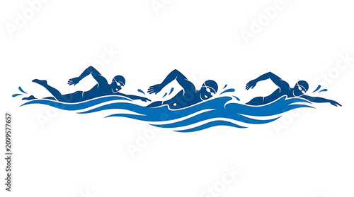 Swimmers compete in a swimming event with athletes in water