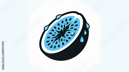 Fotografie Kiwi fruit slice features blue coloration and stylized water droplets in a modern graphic design