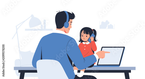 Father working from home with child, multitasking parent, remote work, family balance